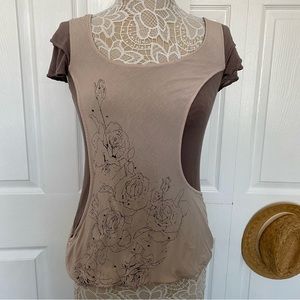 Mystree flutter sleeve top mixed fabric mocha flowers print beads size Small
